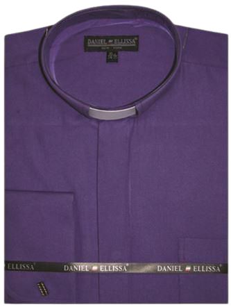 The Daniel Ellissa Clergy Shirt with white tap band, style DS3007R in purple, features a folded design with a front pocket and branded label.