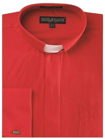 Daniel Ellissa red clergy shirt with a white tab band, neatly folded.