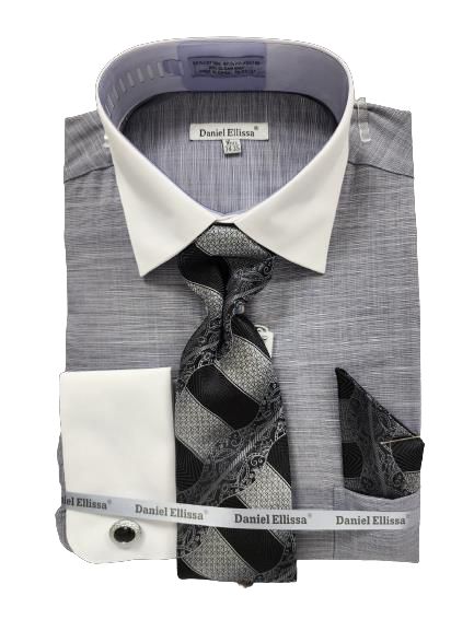 The Daniel Ellissa JQD Pattern shirt, featuring a crisp white collar and French cuffs, comes with a coordinating black and gray patterned tie and pocket square. It is meticulously folded with branded labels.