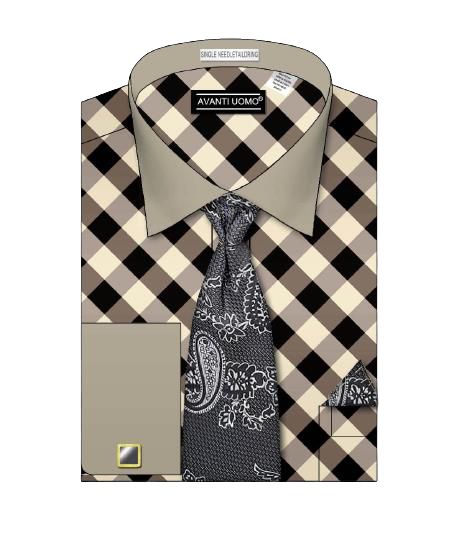 AVANTI UOMO dress shirt set featuring a diagonal block check pattern in beige and black with a body tone collar and cuff, complemented by a paisley tie and matching pocket square.