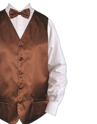 A DANIEL ELLISSA SOLID VEST SET VS801 BROWN, featuring a brown satin vest and matching bow tie from Daniel Ellissa, is stylishly paired with a crisp white dress shirt and perfectly complemented by a coordinating hanky tucked into the pocket.