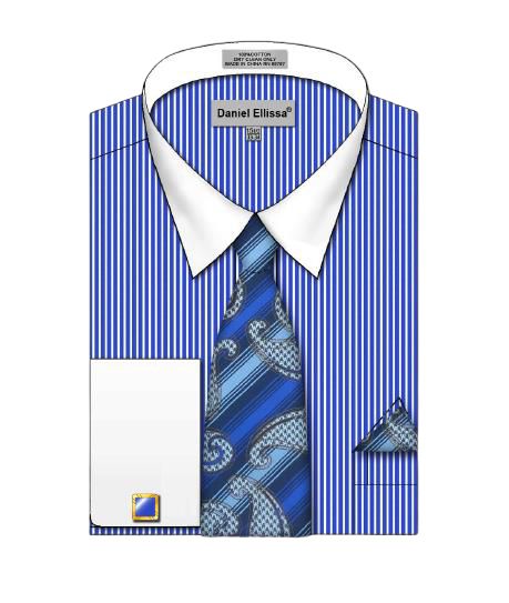Daniel Ellissa DS3826P2 Royal pinstriped French cuff shirt, featuring a white collar and cuffs, complemented by a blue paisley tie and matching pocket square.