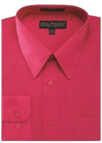 A folded fuchsia collared dress shirt by Daniel Ellissa, featuring a front pocket and buttoned-down design with convertible cuffs, viewed from the top.