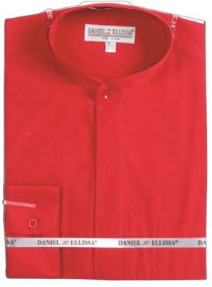DANIEL ELLISSA BANDED COLLAR SHIRT W/ CONVERTIBLE CUFF DS3001C RED, neatly folded, with a tag on the collar and packaging around the waist.