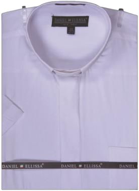 Daniel Ellissa clergy short sleeve shirt DS3007RS in white, featuring a Mandarin collar and visible tag, neatly packaged with branded bands.