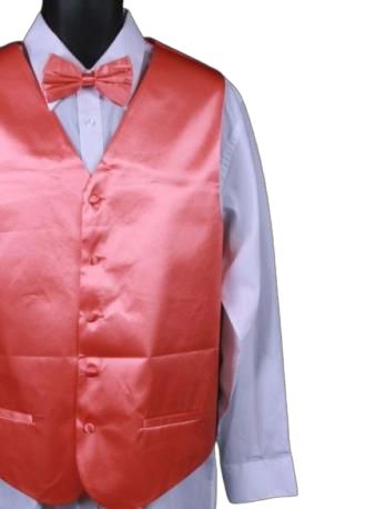 A mannequin is dressed in a coral vest set from the Daniel Ellissa collection, featuring the DANIEL ELLISSA SOLID VEST SET VS801 CORAL with a coordinating bow tie and hanky.