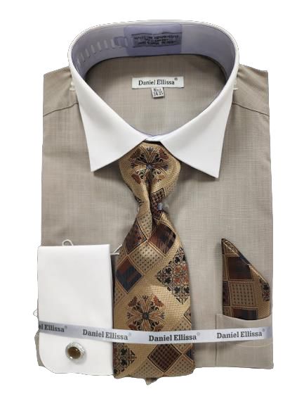 The DANIEL ELLISSA JQD PATTERN WITH WHITE COLLAR & FRENCH CUFF DS3831P2 BEIGE is a beige dress shirt featuring a white collar and French cuffs, neatly folded alongside a matching patterned tie and pocket square from the brand Daniel Ellissa.