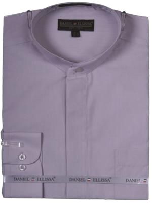 Folded silver shirt with a banded collar, button placket, and convertible cuffs, labeled "Daniel Ellissa.