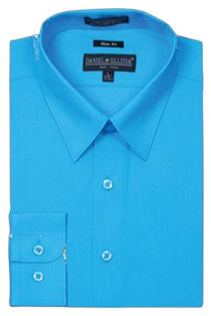 A folded turquoise slim fit dress shirt from Daniel Ellissa, featuring a pointed collar and buttoned cuffs, with the label visible.