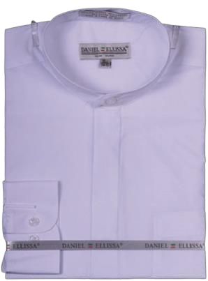 A neatly folded white dress shirt with a banded collar and a visible Daniel Ellissa label on the inside.