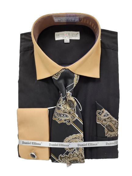 Daniel Ellissa's folded black dress shirt, model DS3829P2 BK/TAN, features a sleek design with gold collar and cuffs, perfectly paired with a coordinating paisley tie and pocket square.