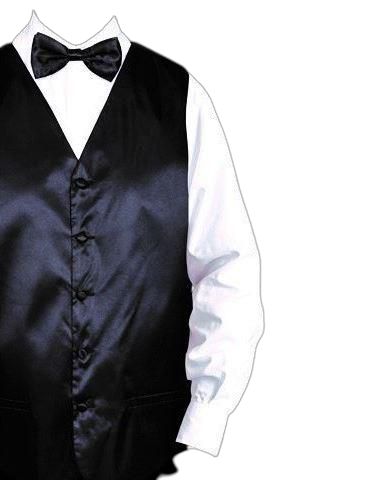 The DANIEL ELLISSA SOLID VEST SET VS801 BLACK by Daniel Ellissa, consisting of a black satin vest and a matching bow tie, perfectly complements a white dress shirt to complete the ensemble with understated elegance.