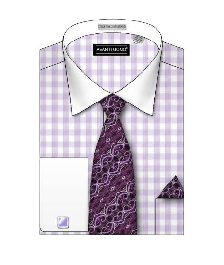 Illustration of a folded AVANTI UOMO small check pattern pastel color shirt in lilac, featuring a white collar and paired with a purple patterned tie, complemented by a matching pocket square.