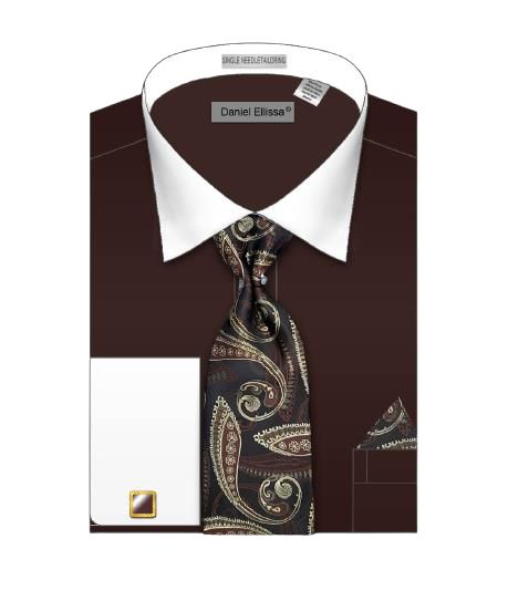 Daniel Ellissa's DS3825P2 DK Brown shirt features a solid brown body and a white collar, paired with a paisley tie and matching pocket square.