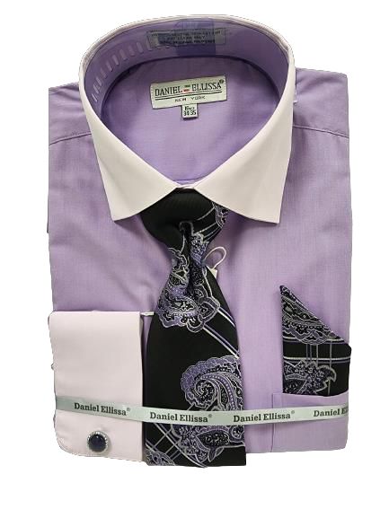 Folded Daniel Ellissa lavender dress shirt with a white collar and cuffs, complemented by a black paisley tie and matching pocket square, all elegantly wrapped in branded ribbon.