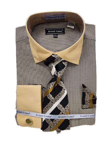 A neatly folded dress shirt in beige featuring a gold tone-on-tone collar and cuffs, accompanied by a coordinating patterned tie and pocket square, all elegantly wrapped with an "AVANTI UOMO" label.