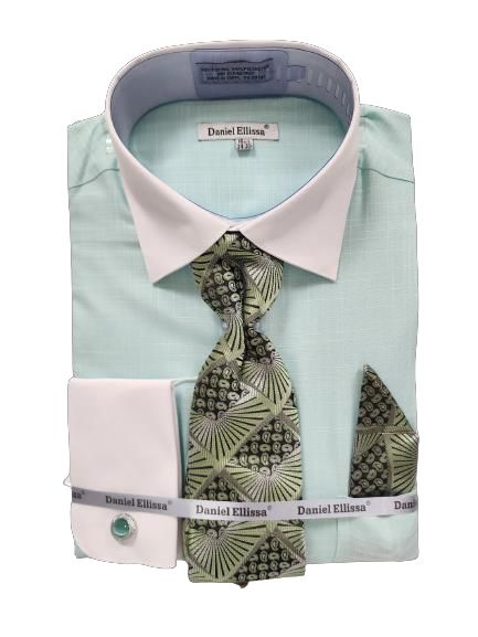 Daniel Ellissa's DS3831P2 Mint dress shirt features a mint green color with a striking white collar and French cuffs. The set includes a patterned tie and pocket square adorned with leafy designs, all elegantly presented in packaging.