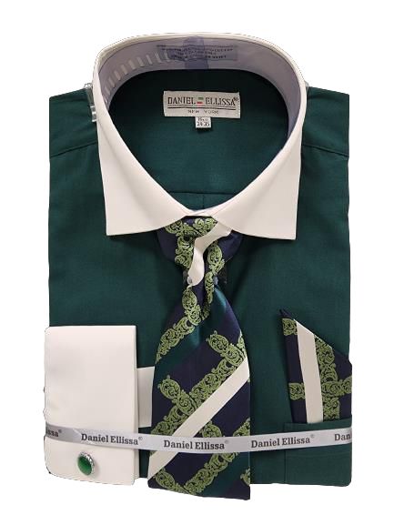 Daniel Ellissa's DS3829P2 Hunter Green Dress Shirt, featuring a contrasting white collar and cuffs, is complemented by a coordinating blue and green patterned tie and pocket square.