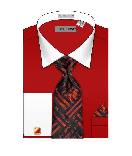 The DANIEL ELLISSA SOLID BODY WHITE COLLAR BASIC FRENCH CUFF SHIRT DS3825P2 RED by Daniel Ellissa is paired with a black and red striped tie, complemented by a matching patterned pocket square neatly placed in the chest pocket.