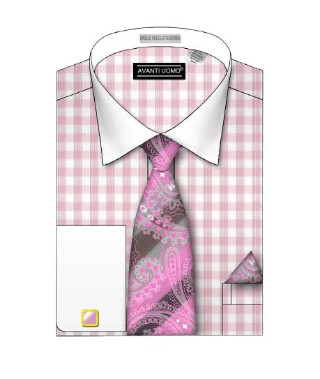 AVANTI UOMO's small check pattern pastel color shirt DN106M in pink, featuring a white collar, is stylishly paired with a pink and gray paisley tie and matching pocket square.