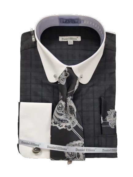 Introducing the DANIEL ELLISSA JQD BODY ROUND COLLAR & CUFF WITH COLLAR BAR DS3830P2 BLACK from Daniel Ellissa, a sophisticated black dress shirt with a unique paisley pattern, folded neatly with a coordinating tie and pocket square.