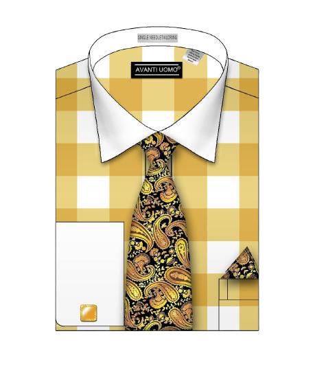 AVANTI UOMO mustard checkered dress shirt paired with a paisley-patterned tie and matching pocket square.