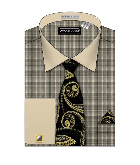AVANTI UOMO Tone on Tone Collar Glen Check Pattern Shirt DN107M in black, featuring a plaid design in beige and gray, includes a matching tie with a paisley pattern in black and gold, along with a coordinating pocket square.