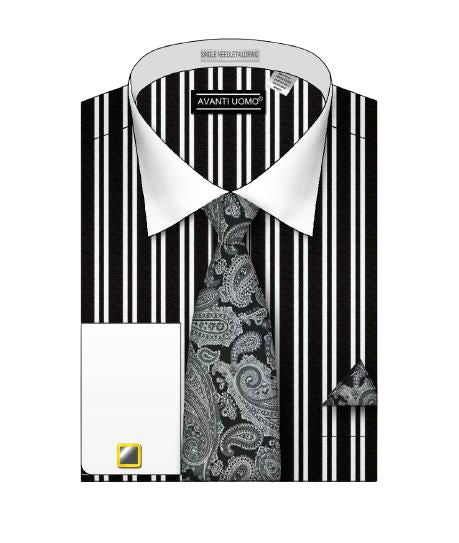 AVANTI UOMO black dress shirt with double stripes and a white collar, paired with a paisley tie and pocket square.