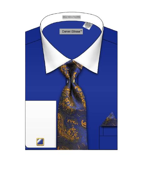 Illustration of a Daniel Ellissa solid royal dress shirt with a white collar, featuring a blue and gold paisley tie and matching pocket square.