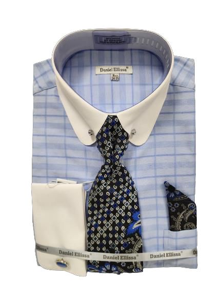 Folded Daniel Ellissa blue dress shirt with a round white collar and cuffs, complete with a matching patterned tie and pocket square.