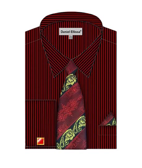 The red pinstriped dress shirt by Daniel Ellissa, styled with a coordinating red and green patterned tie and matching pocket square.