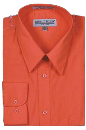 A folded, vibrant orange slim fit shirt with long sleeves and a pointed collar from the Daniel Ellissa CVC collection, product model DS3003 Orange.