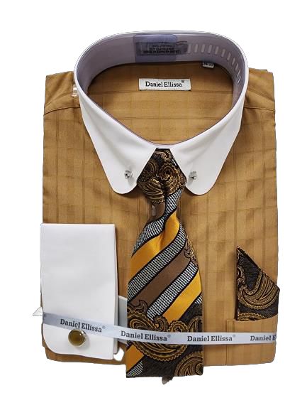 A folded brown dress shirt with a round collar and cuffs, featuring a collar bar, along with a gold, black, and gray striped tie and matching pocket square, all tagged with "Daniel Ellissa.