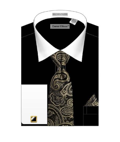 Daniel Ellissa black dress shirt with a solid body, white collar, and basic French cuffs, accompanied by a paisley tie and matching pocket square.