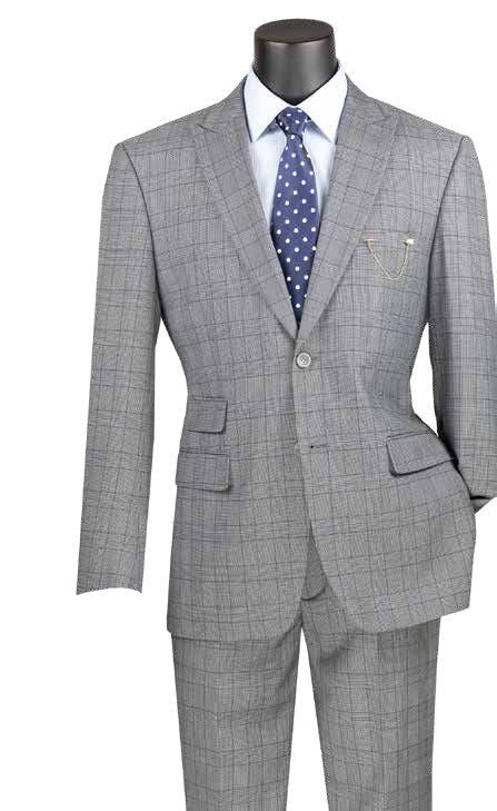 The Modern Fit 2 Piece Windowpane Suit (Medium Gray) MRW-1 by Vinci Suits exemplifies sophistication with its gray plaid design. Paired with a blue and white polka dot tie and a decorative chain, this ensemble is ideal for those who value style without compromise.