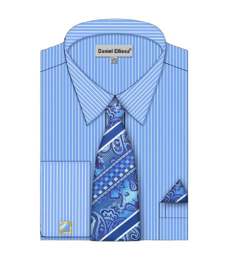 Daniel Ellissa blue pinstriped French cuff shirt with a matching paisley tie and pocket square.