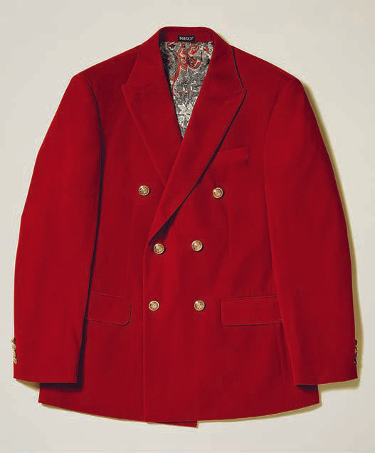 Inserch DB Velvet Blazer BL502-30 Red, a double-breasted blazer with peak lapel and military gold buttons, showcases a patterned inner lining against a neutral background. Available in XL, 5XL, and 6XL only in-store as final sale.