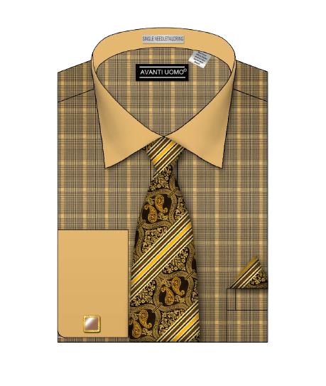 AVANTI UOMO Tone on Tone Collar Glen Check Pattern Shirt DN107M in rust, neatly folded with a matching paisley and striped tie, completed with a gold cufflink on the sleeve.