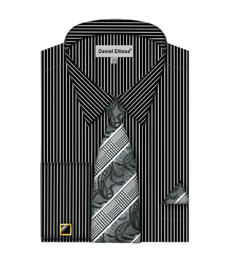 A folded Daniel Ellissa pinstriped black dress shirt with French cuffs, complete with a coordinating tie and pocket square, set against a white background.