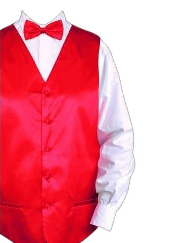 Close-up of the DANIEL ELLISSA SOLID VEST SET VS801 RED by Daniel Ellissa, featuring a red satin vest paired with a matching bow tie and hanky, worn over a crisp white dress shirt.