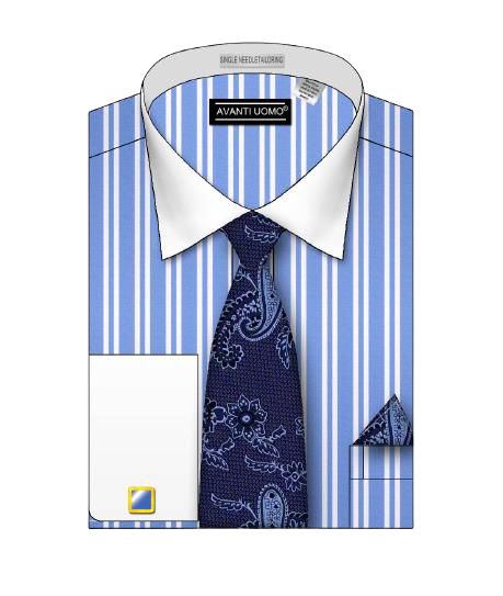 AVANTI UOMO DOUBLE STRIPED WHITE COLLAR DS3823P2 LTBLUE dress shirt with a dark blue paisley tie and pocket square, neatly folded.