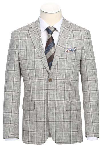 The Renoir Alessandro Vitello by Renoir New Slim Fit Sport Coat 610-9 features a gray plaid design with a single button and notch lapel. It is styled with a white shirt and striped tie, while a pocket square adds flair to the side-vented design by peeking from the chest pocket.