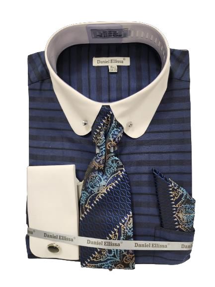 Daniel Ellissa's DANIEL ELLISSA JQD BODY ROUND COLLAR & CUFF WITH COLLAR BAR DS3830P2 NAVY Shirt, elegantly folded with a matching paisley tie and pocket square set, showcased alongside cufflinks and collar inserts.