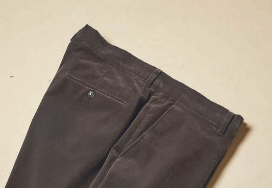 The Inserch Velvet Pants P502-33 in grey are showcased laid flat with the back featuring a single button pocket on a beige surface. These modern fit velvet pants by Inserch blend casual elegance with contemporary style, offering a sleek silhouette perfect for any occasion.