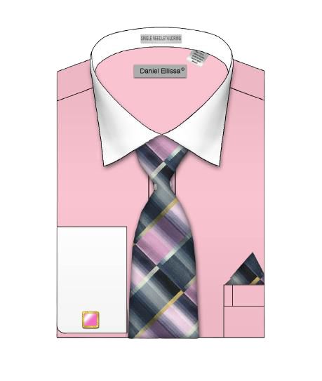 Illustration of the Daniel Ellissa DS3825P2 pink shirt, featuring a solid body with a white collar and folded French cuffs, paired with a multicolored plaid tie and matching pocket square.