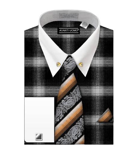 The AVANTI UOMO Two Tone Mixed French Cuff Dress Shirt with Collar Bar in black is complemented by an orange and black striped paisley-patterned tie and a matching pocket square.