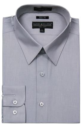 The DANIEL ELLISSA CVC SLIM FIT SHIRT DS3003 GREY from Daniel Ellissa is a neatly folded slim fit dress shirt featuring a pointed collar and buttoned cuffs, ideal for achieving a polished look.