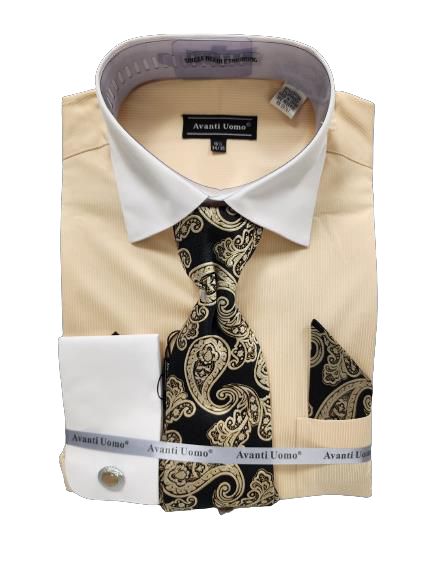 An AVANTI UOMO Micro Stripe shirt in a buttery tone, featuring a white collar and cuffs, is neatly folded. It is complemented by a paisley-patterned tie and a matching pocket square.