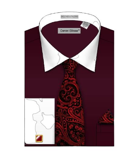 Daniel Ellissa burgundy dress shirt with white collar, red paisley tie, matching pocket square, and white French cuff detail.