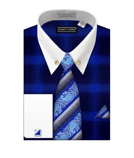 The AVANTI UOMO Two Tone Mixed French Cuff with Collar Bar DS3817P2 in Royal features a blue plaid design, white collar and cuffs, complemented by a matching blue tie adorned with paisley and striped patterns. A coordinating pocket square completes the ensemble.
